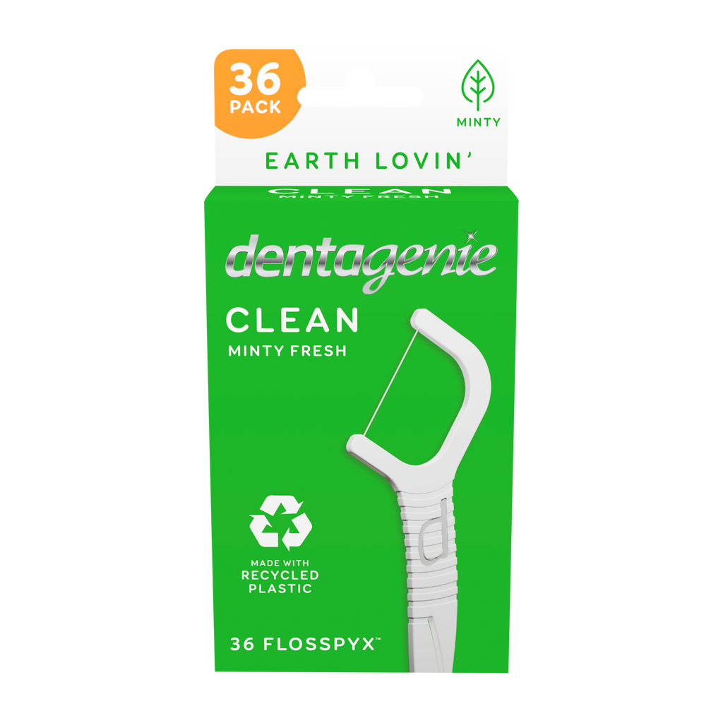 Box of dentagenie Clean Flosspyx with green packaging and white floss on a white background