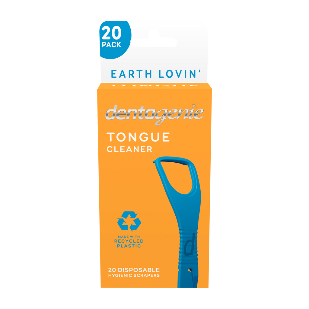 Box of Dentagenie tongue cleaners with a blue scraper on an orange background