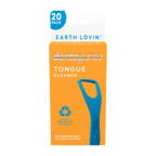 Box of Dentagenie tongue cleaners with a blue scraper on an orange background