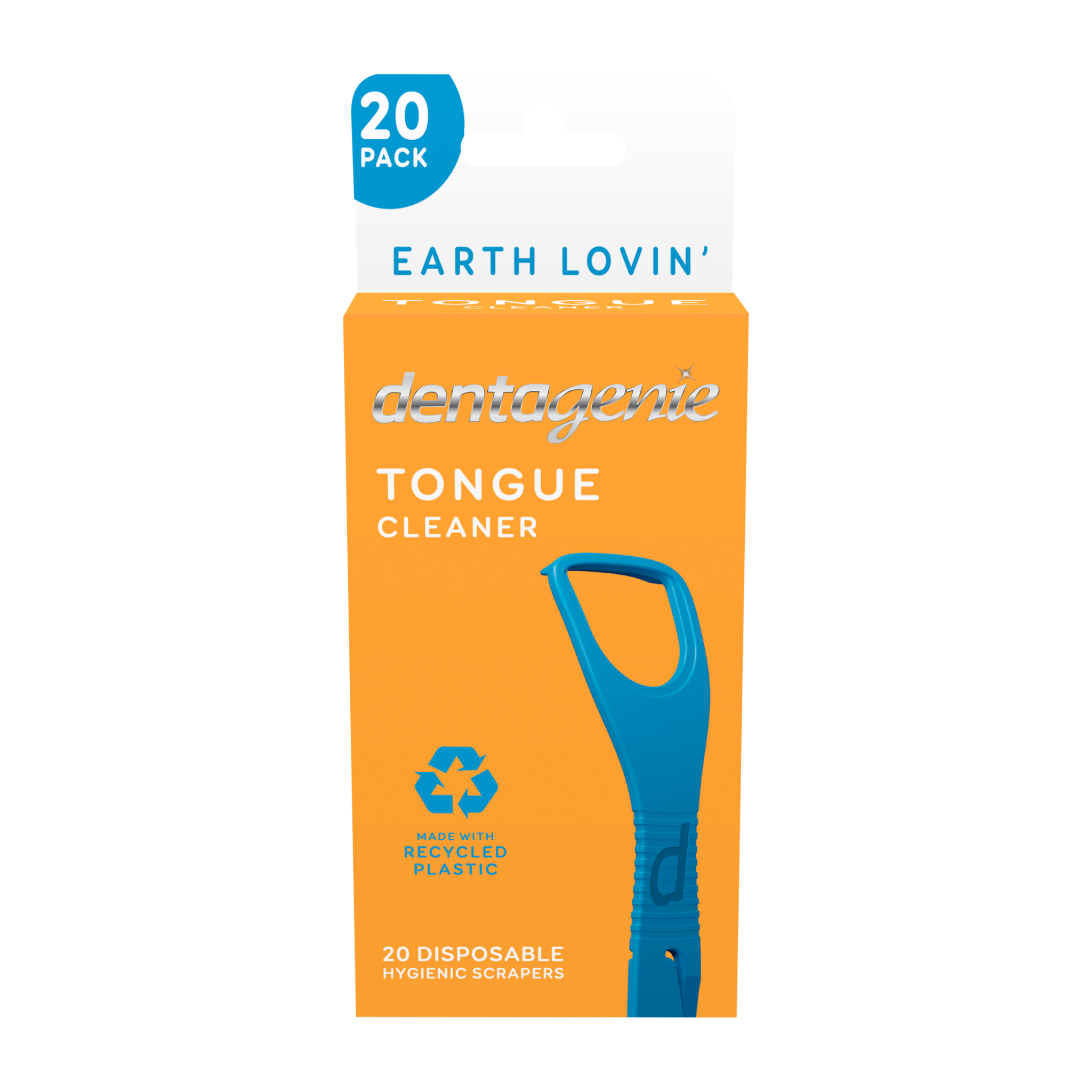 Box of Dentagenie tongue cleaners with a blue scraper on an orange background
