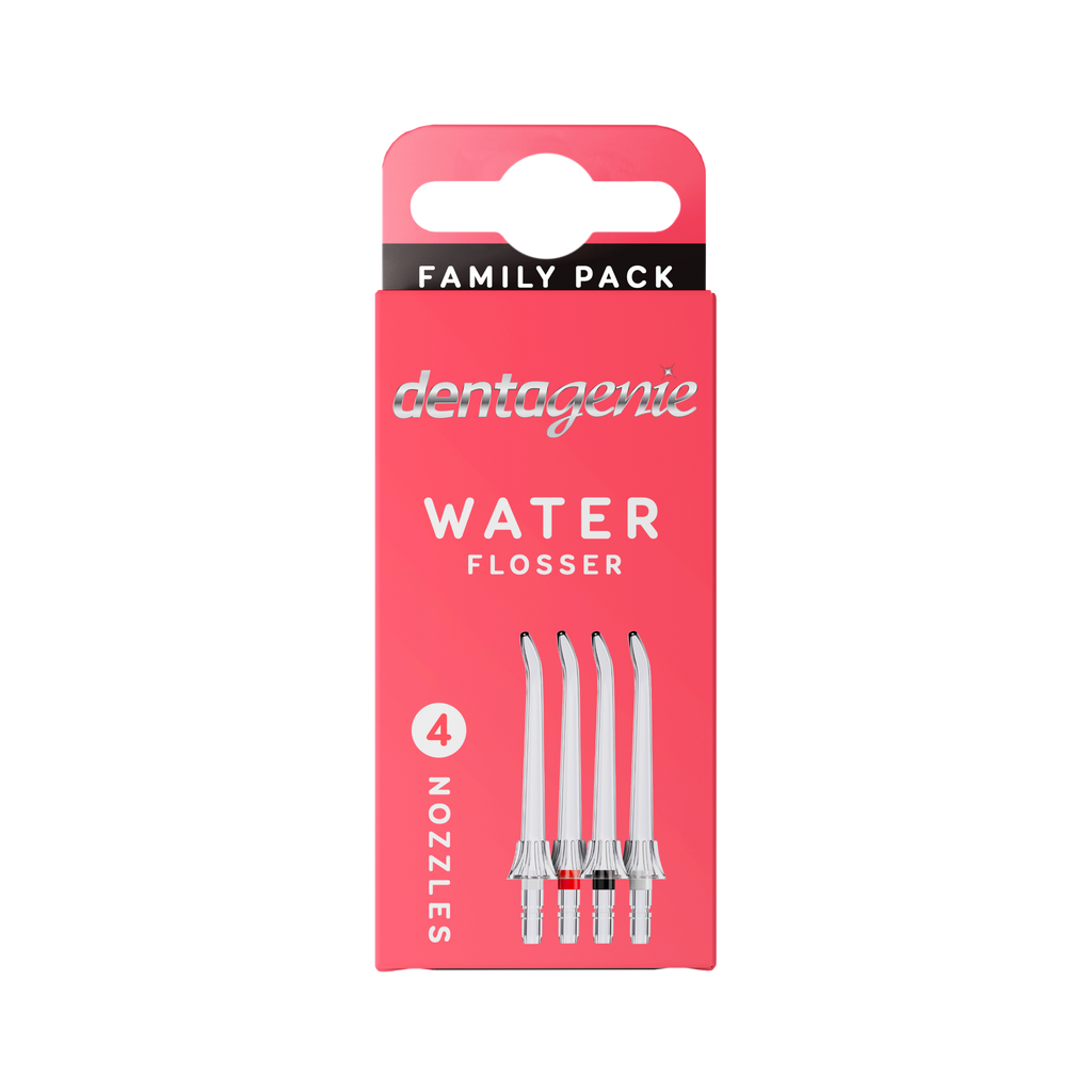 Packaging of Dentagenie water flosser nozzles with four nozzles displayed on a white background.
