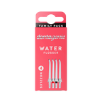 Packaging of Dentagenie water flosser nozzles with four nozzles displayed on a white background.