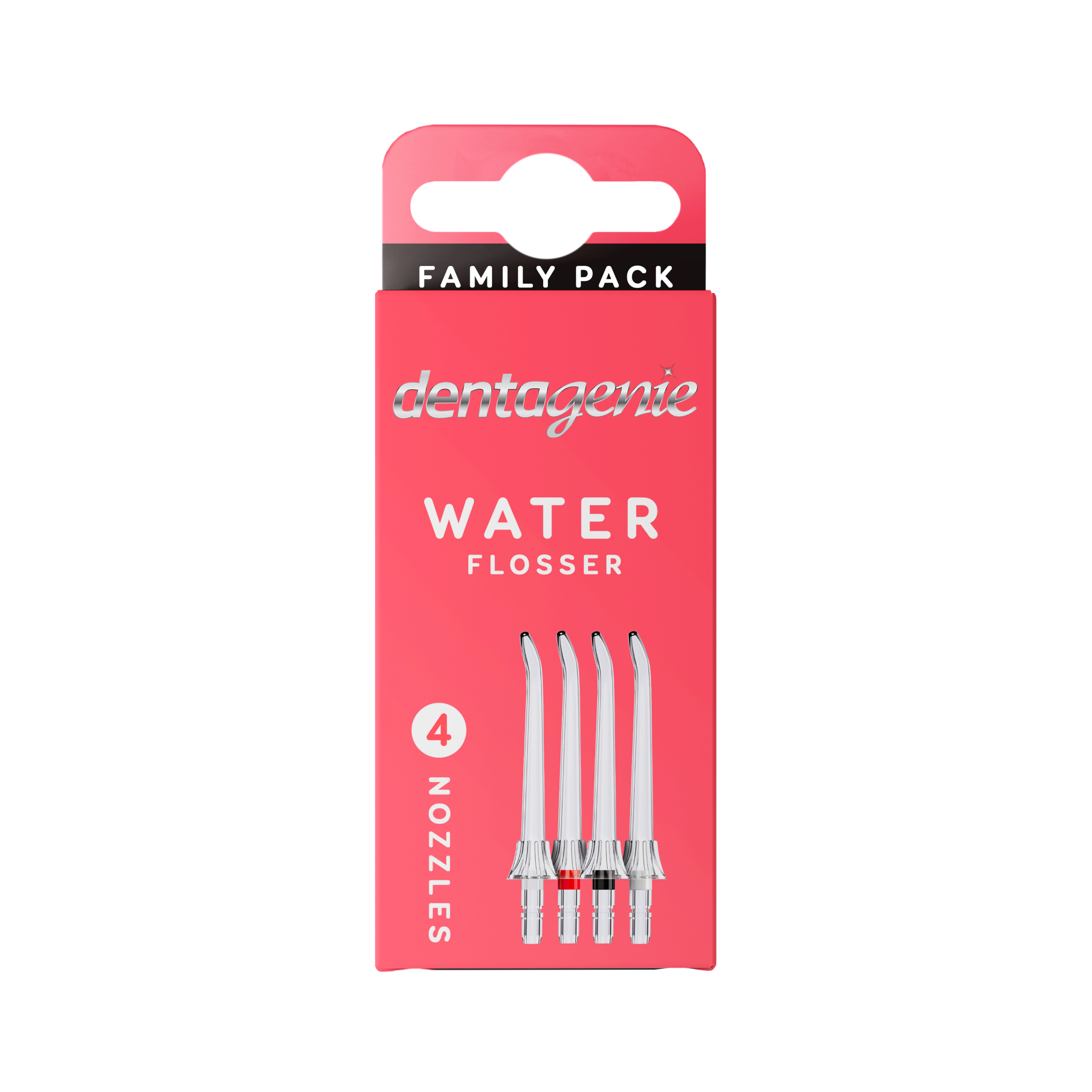 Packaging of Dentagenie water flosser nozzles with four nozzles displayed on a white background.