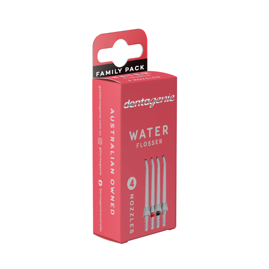 Red packaging of Dentagenie water flosser nozzles on a white background
