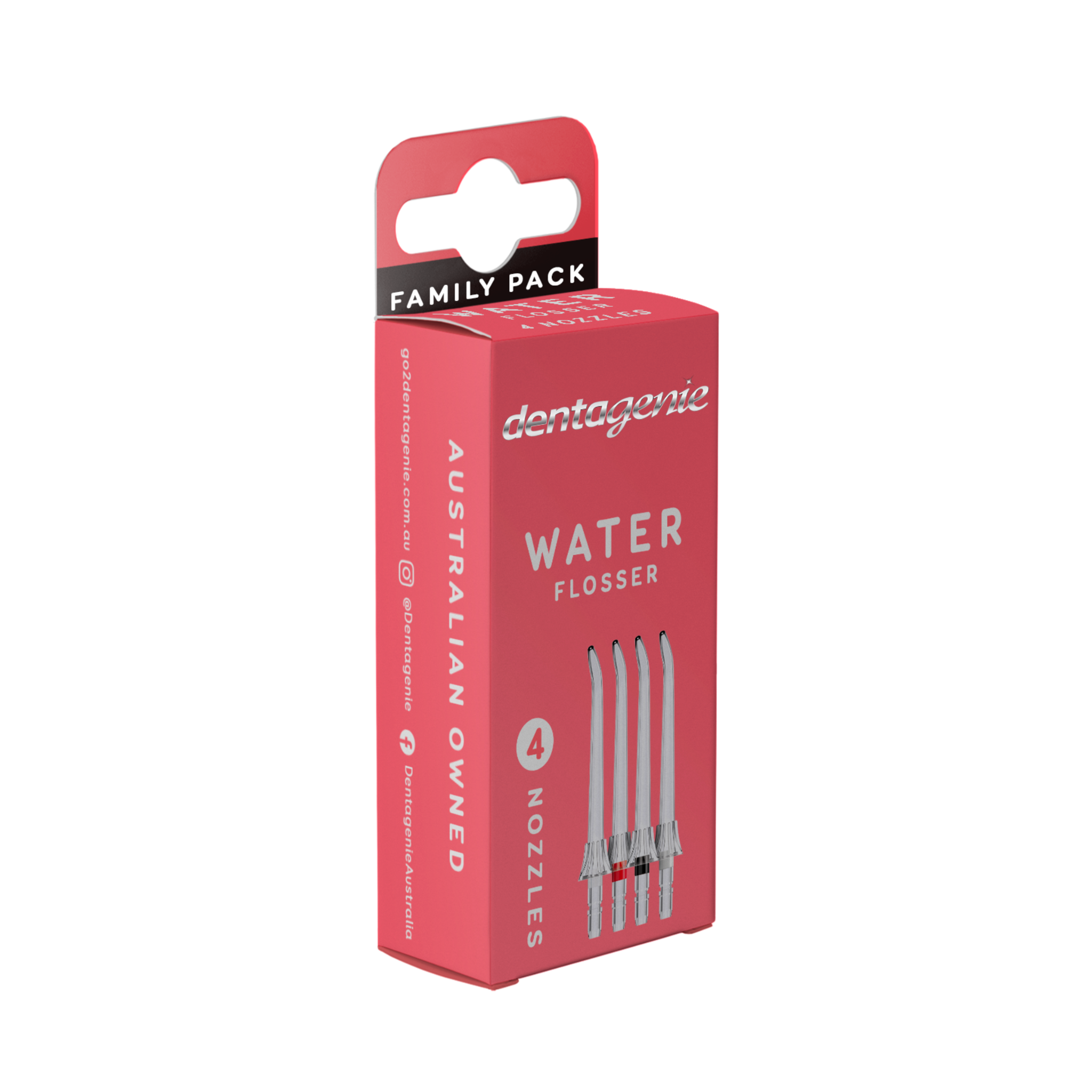Red packaging of Dentagenie water flosser nozzles on a white background