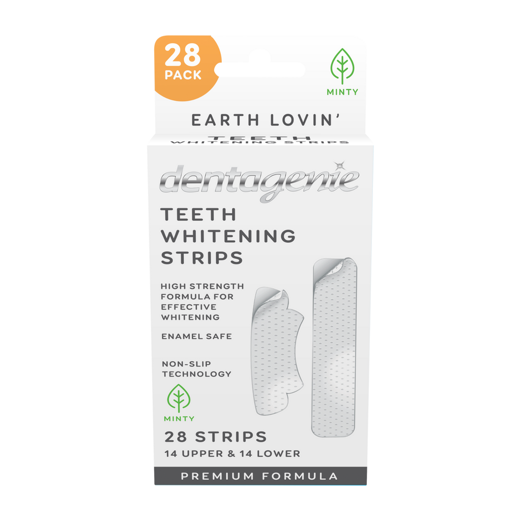 Packaging of Dentagenie Earth Lovin' demangee teeth whitening strips with 28 strips on a white background.