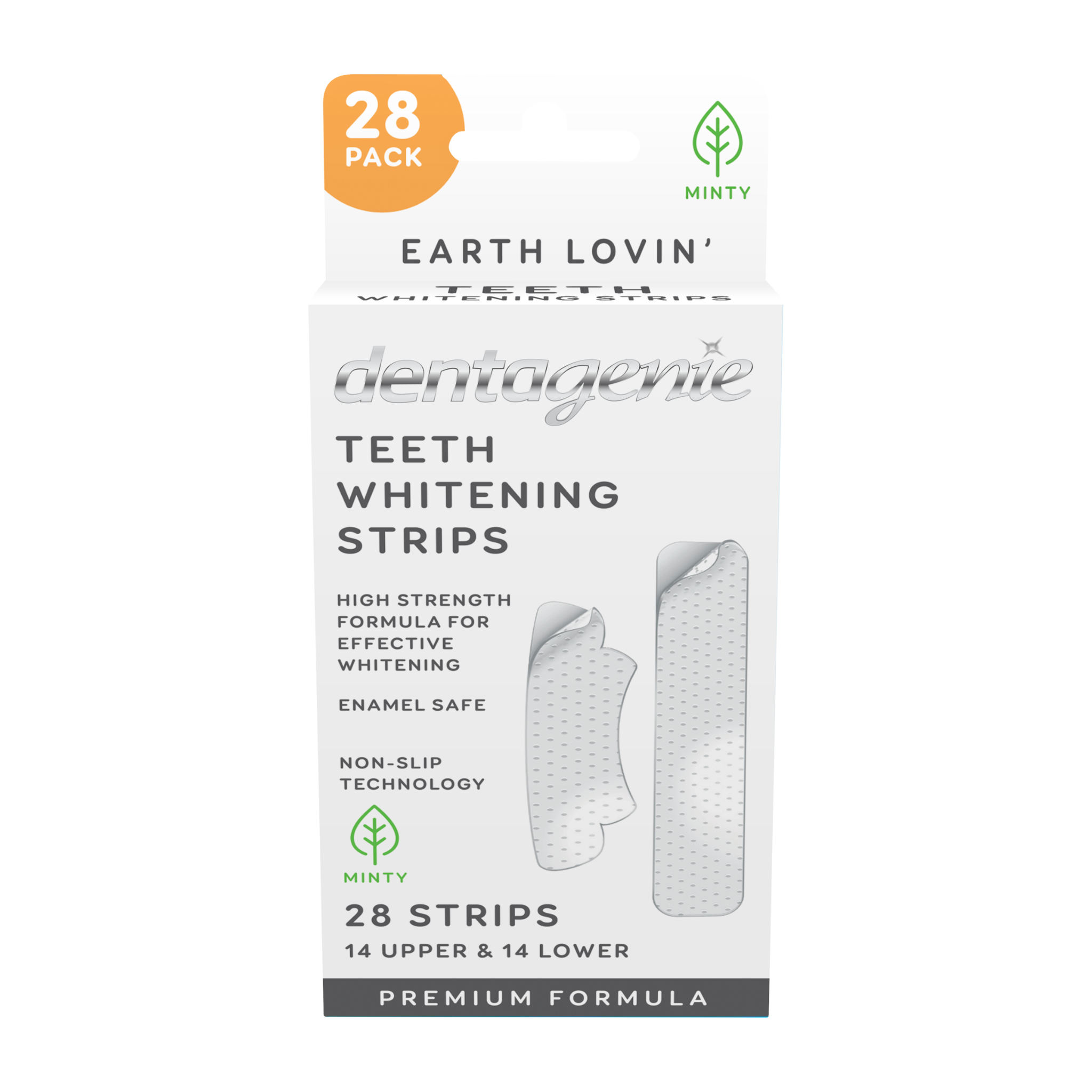 Packaging of Dentagenie Earth Lovin' demangee teeth whitening strips with 28 strips on a white background.