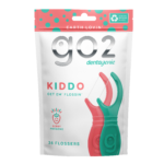 Dentagenie Kiddo flossers pack with 36 berry-awesome flavoured flossers made from recycled plastic, designed for kids' dental care
