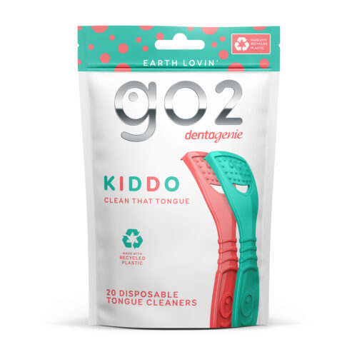 Dentagenie Kiddo tongue cleaner pack with 20 disposable tongue scrapers made from recycled plastic for kids' oral care