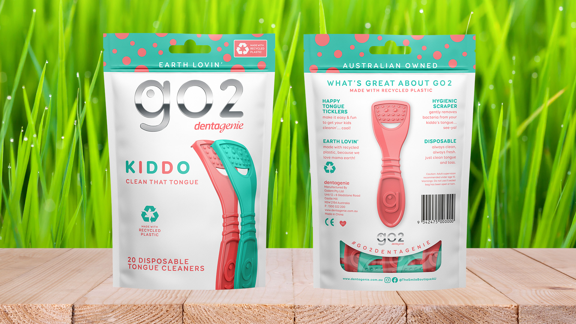 Dentagenie Kiddo Tongue Cleaner front and back packaging view showcasing 20 disposable scrapers
