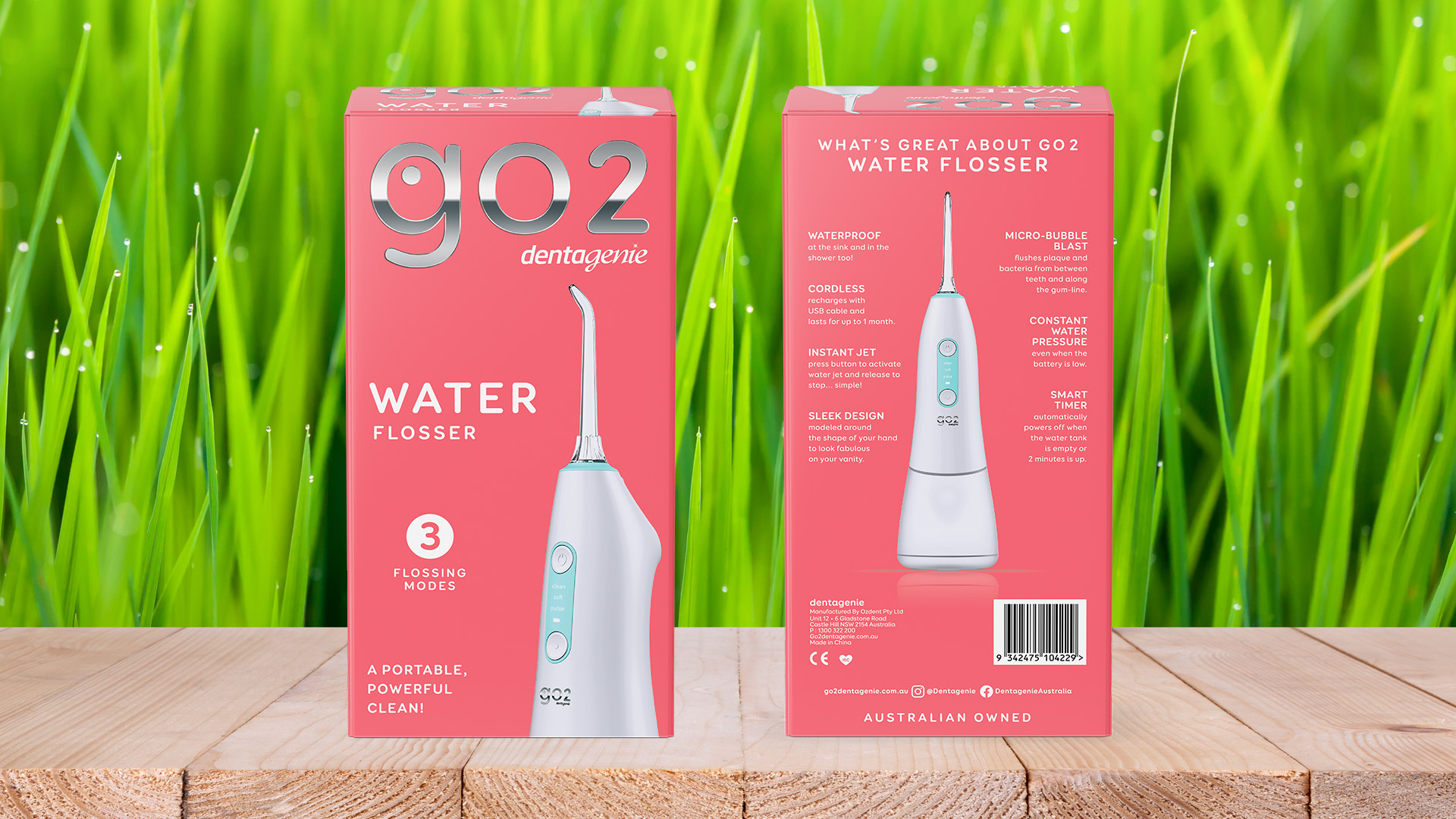 Water_Flosser_Bathroom Dentagenie Water Flosser pack with 3 modes, cordless design, and angled nozzle for a powerful clean
