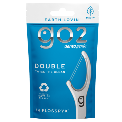 Dentagenie Double Flosspyx travel pack with 14 minty-flavoured floss picks made from recycled plastic.