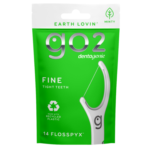 Dentagenie Fine Flosspyx travel pack with 14 minty flossers for tight teeth made with recycled plastic