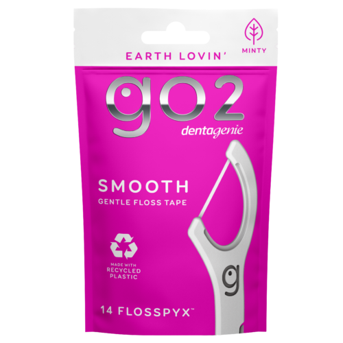 Dentagenie Smooth Flosspyx travel pack with 14 minty-flavoured gentle floss picks from recycled plastic