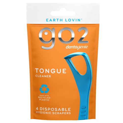 Dentagenie tongue cleaner pack with 4 disposable hygienic scrapers made from recycled plastic for fresh breath