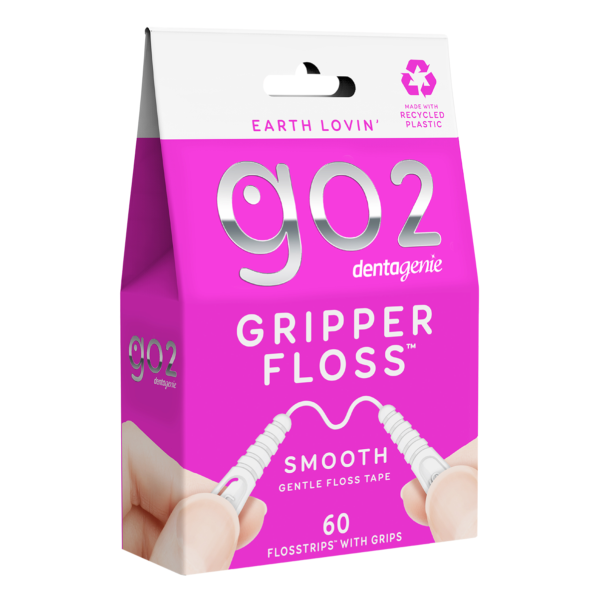 Dentagenie Gripper Floss box with 60 eco-friendly flosstrips made with recycled plastic for clean, easy flossing