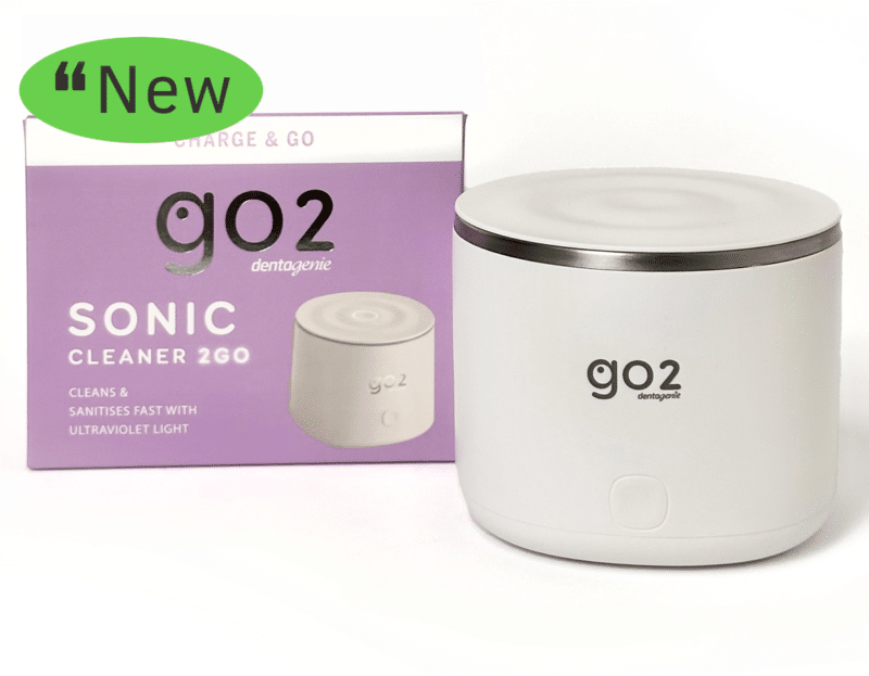 Dentagenie Sonic Cleaner 2GO portable device and box, using ultraviolet light for fast, on-the-go sanitising
