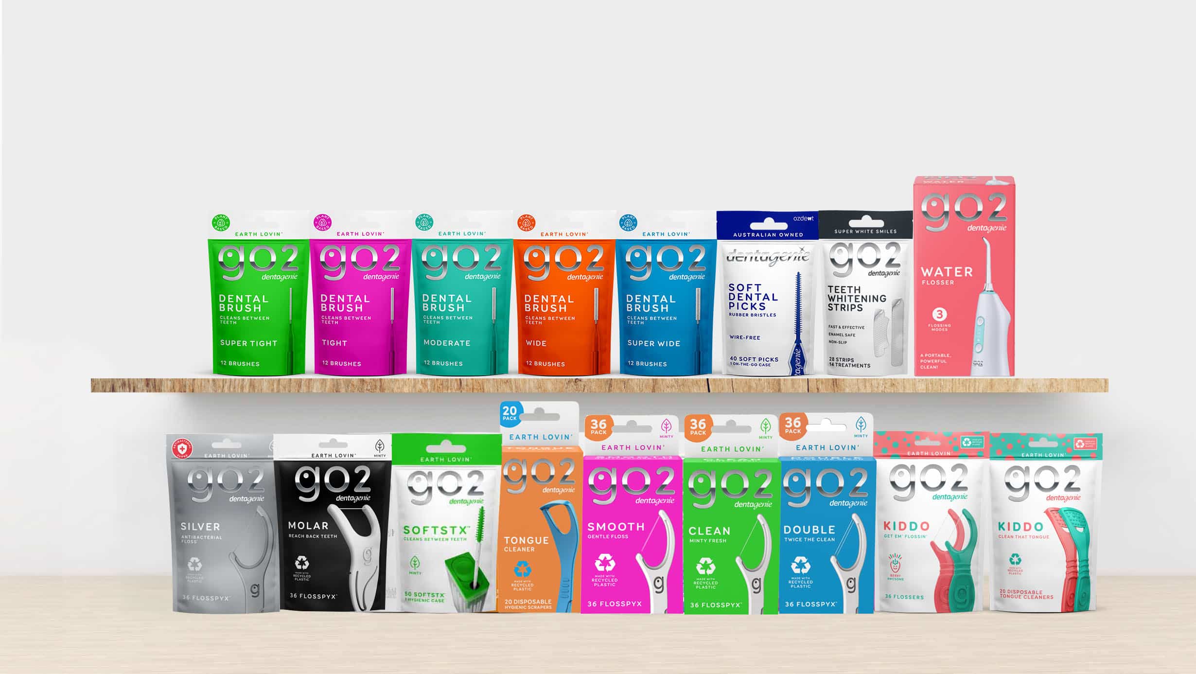 Dentagenie full product lineup featuring interdental brushes, flosspyx, tongue cleaners, and water flossers